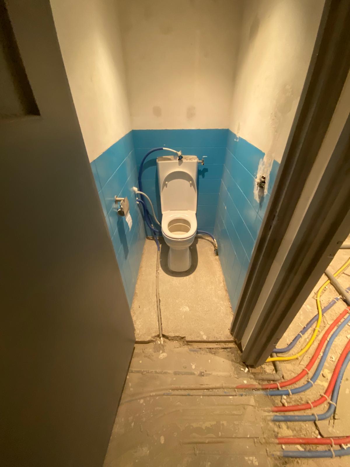 Toilet vóór de renovatie, met blauwe tegels en een staand toilet